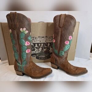 Junk Gypsy by Lane Brown Leather Cactus Embroidered Heeled Boots - Brown & Green